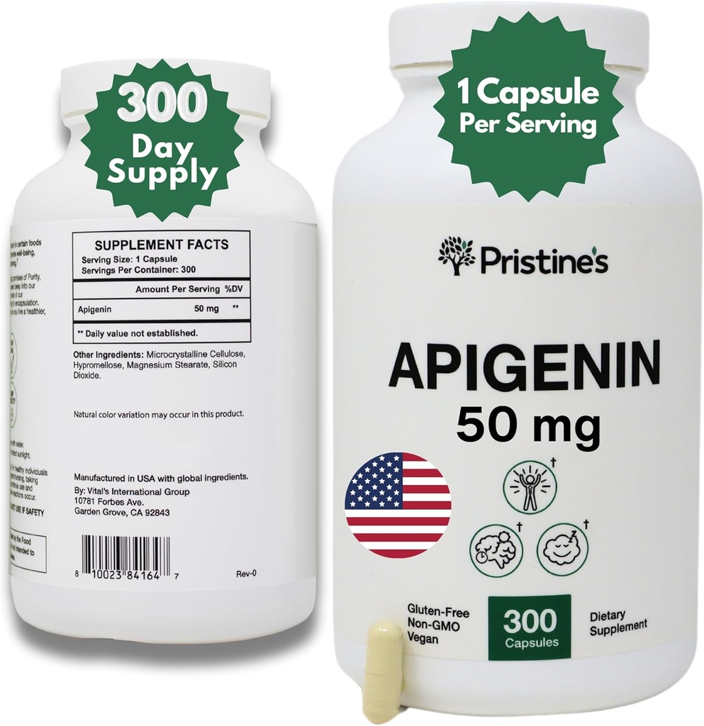 Apigenin 50mg 300 Day Supplemento di alimentazione per le capsule di sonno - Integratore di supporto della prostata Trovato in polvere di camomilla per il rilassamento, l'invecchiamento sano, la salute del cervello e del cuore, e l'immunità