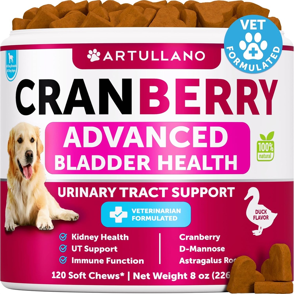 Dog UTI Treatment - Cranberry Supplement & Bladder Control for Dogs - Urinary Tract Infection Incontinence Pill, Bladder Stones - UTI Medicine Treats - 120 Soft Chews for Kidney Support with Fish Oil
