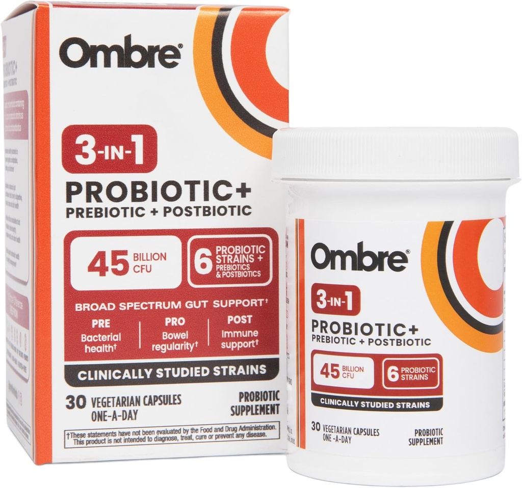 Ombrein-1 פרוביוטיקה, Prebiotic ופוסטביוטיקה לבריאות העיכול ו Gut בריאות - 45 מיליארד CFU - Bloating, Constipation & Gas Relief - תמיכה מטאבולית וחיסון לנשים וגברים, 30 יום אספקה