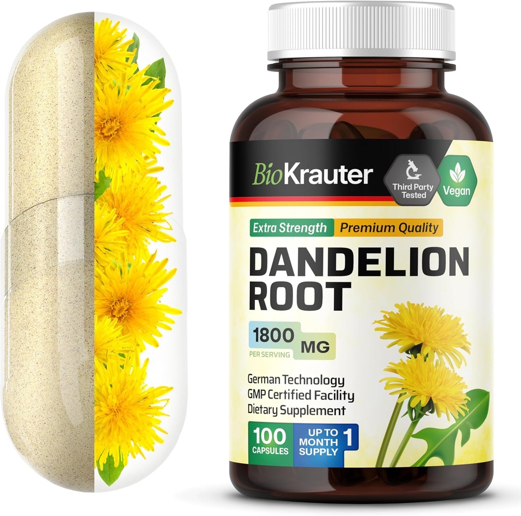 BIO KRAUTER Dandelion Root Capsules - 1800 мг Міцність - 100 граф - Dandelion корене доповнення - Vegan Капсули для підтримки печінки