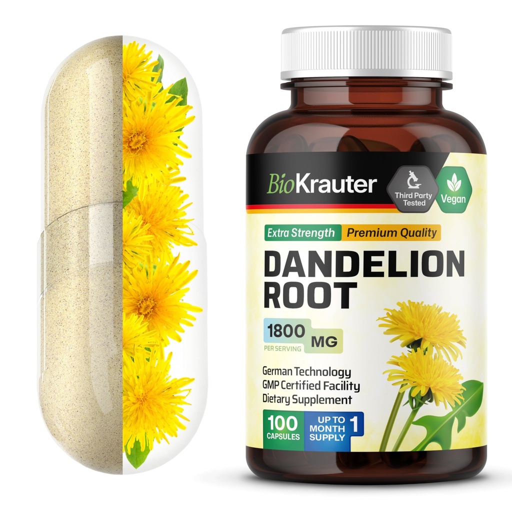 BIO KRAUTER® Dandelion Root Extract for Liver & Kidney Support - Vegan & Pure Dandelion Root Capsules 1800 mg per Serving Used for Cleanse & Detox - No Fillers, Non-GMO - 33 Days of Supply, 100 Caps