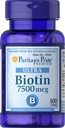 Puritan's Pride Biotin 7500 mcg, Asistencia ao Cabelo Saudable, 100 Count, 100 Count
