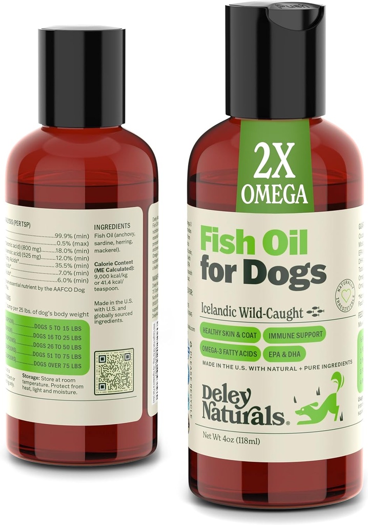 Deley Naturals Dog Fish Oil İzlandaic 2X Omega - Dog Itching Skin Relief with Omega 3 6 9 for Allergies, Coat & Heart - Omega 3 Fish Oil for Dogs Skin Irritation - 4oz Omega Oil for Dogs Made in USA