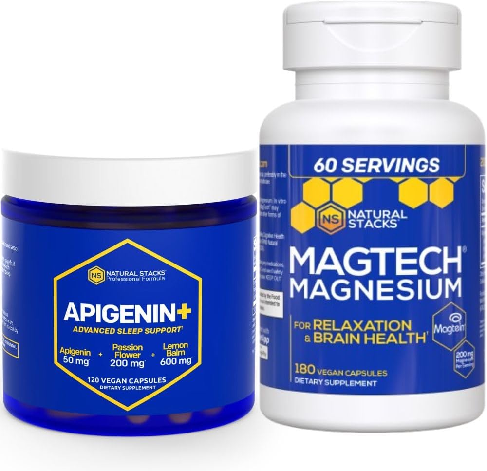 NATURAL STACKS Apigenin für Schlaf + Magtech Magnesium Supplement Bundle - Unterstützt Schlaf & Gehirn Gesundheit* - 300 Gesamtkapseln