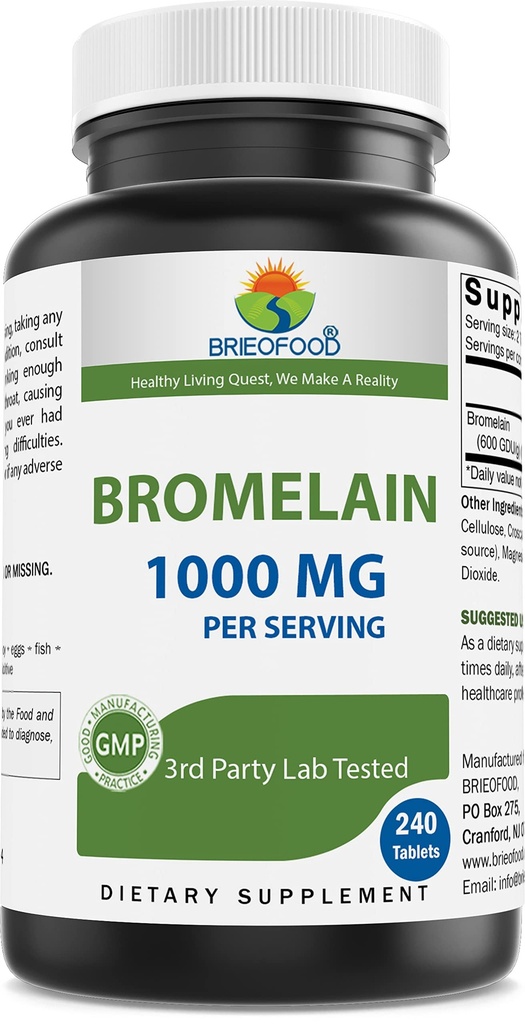 Brieofood Bromelain 1000mg per Serving 240 Tablets - Proteolytic Digestive Enzyme - Supports Healthy Digestion, Joint Health, Nutrient Absorption