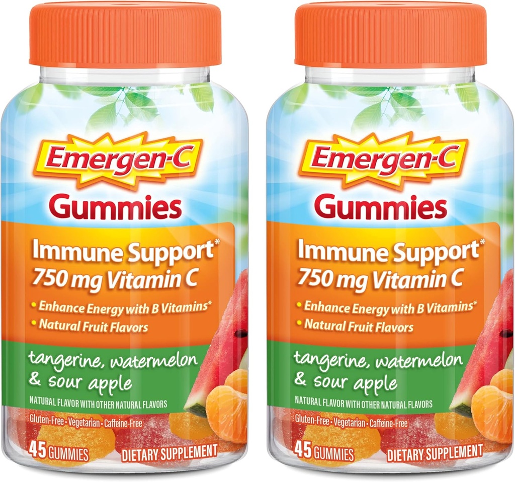 Emergen-C Vitamin C Gummys,Immune支持的饮食补充,Tangerine,西瓜和Sour Apple Flavor - 45 count x 2 (Pack of 2).