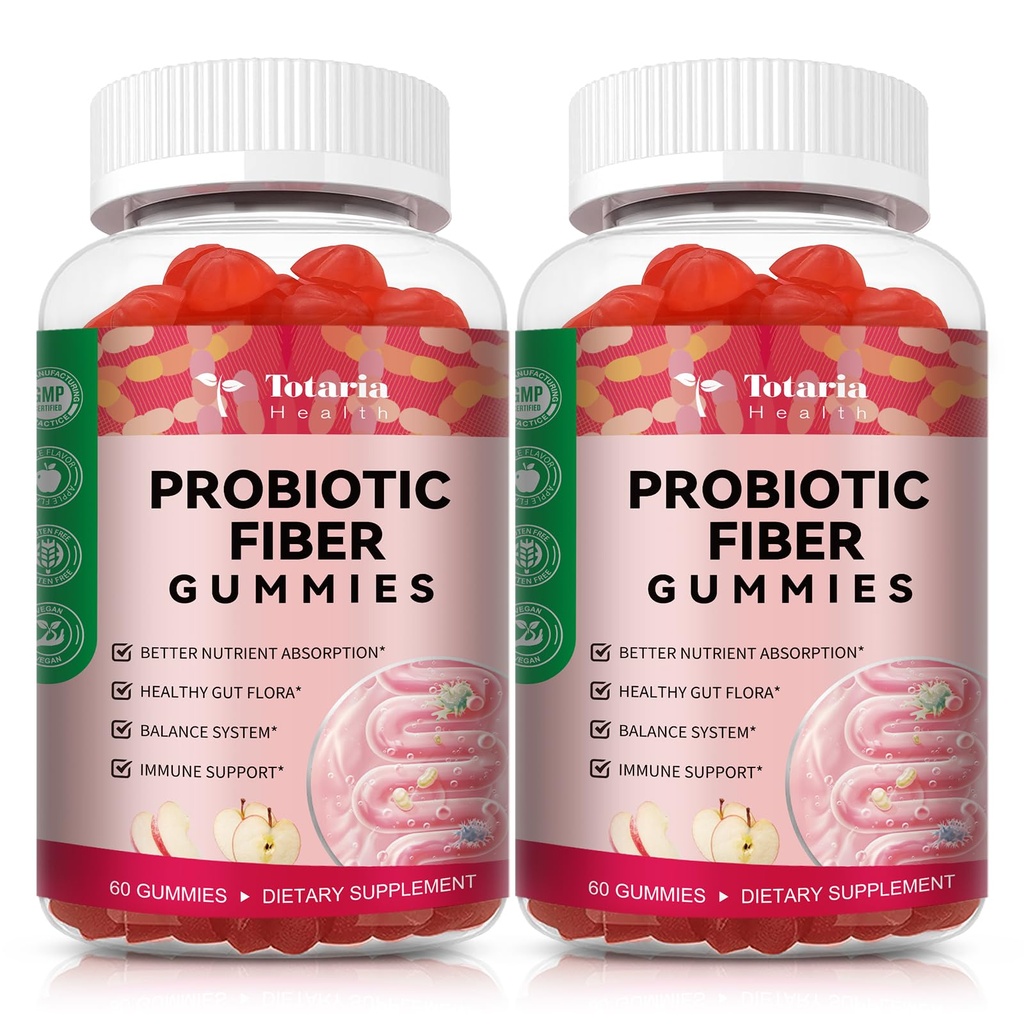 9-in-1 Probiotic Fiber Gummies for Adults & Teens 16G Fiber per Serving, Psyllium Fiber Supplement with 5 Billion CFU Bacillus Coagulans, Inulin, ACV for Digestive, Gut & Immune Wellness - 2 Bottles