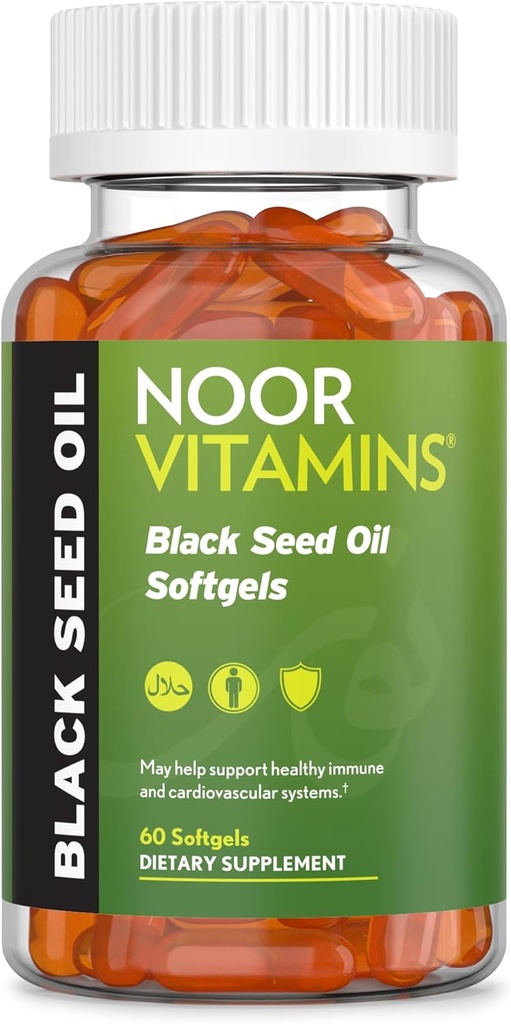 Noor Vitamins Halal Black Seed Oil kapsułki, Halal Vitamins, 1000 mg Black Seed Oil from Nigella Sativa, Thymoquinone, Non-GMO, Gluten Free, 60 Count