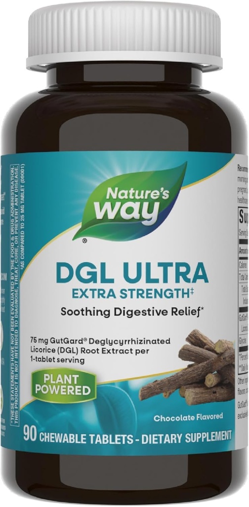 הדרך של הטבע DGL Ultra תוספת כוח**, Premium Licorice Root Extract, Soothing Digestive Relief*, עם Gutgard, Vegan & Gluten Free, Chocolate Flavored, 90 טבליות Chewable (Packaging May Vary)