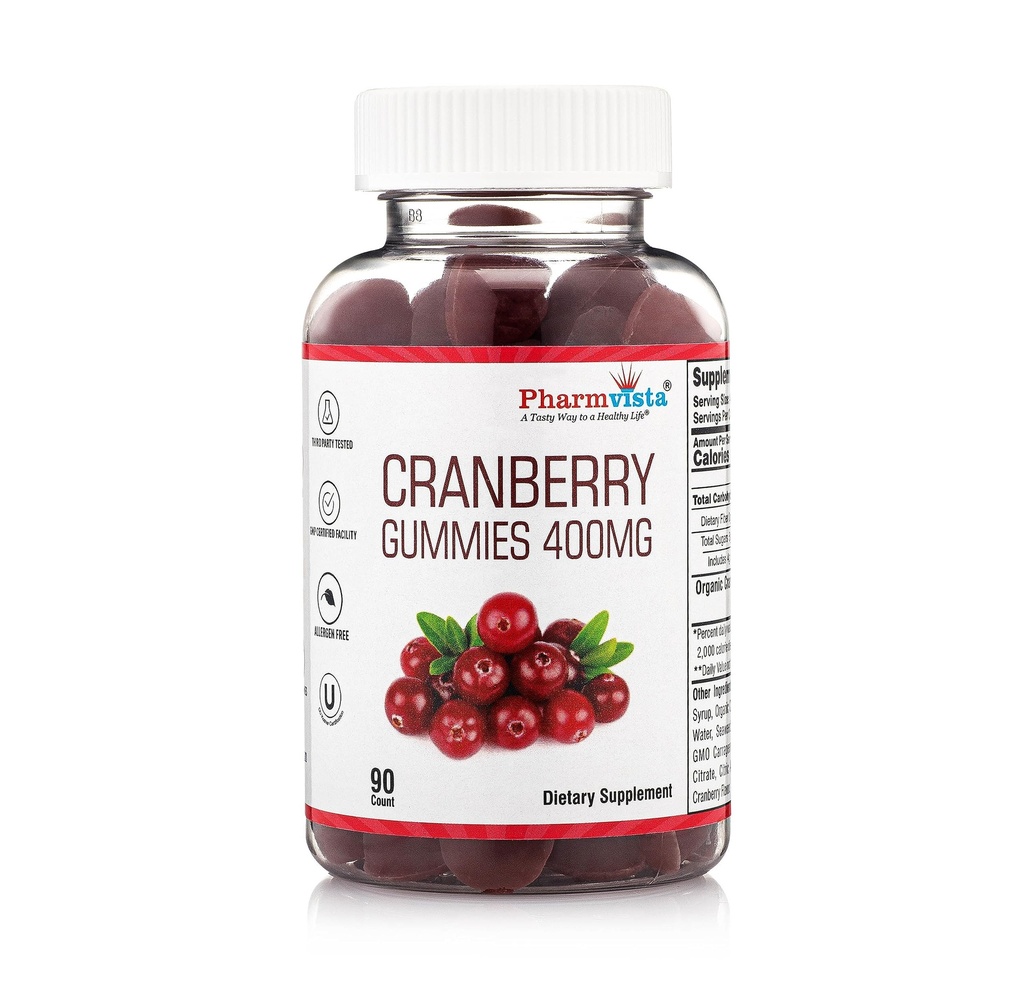 Pharmvista Cranberry Gummies for Kids & Adults 400mg-Gluten Free Allergen Free Nutrient Rich Vegan Supplement -Cranberry Chews-90 Count