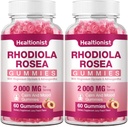 2 Packs Sugar-Free Rhodiola Rosea Gummies Adaptogenic Rhodiola Rosea Supplement & Cortisol Blocker för prestanda, Stamina, Mood & Motivation - Icke-GMO, 120 Vegan Chews