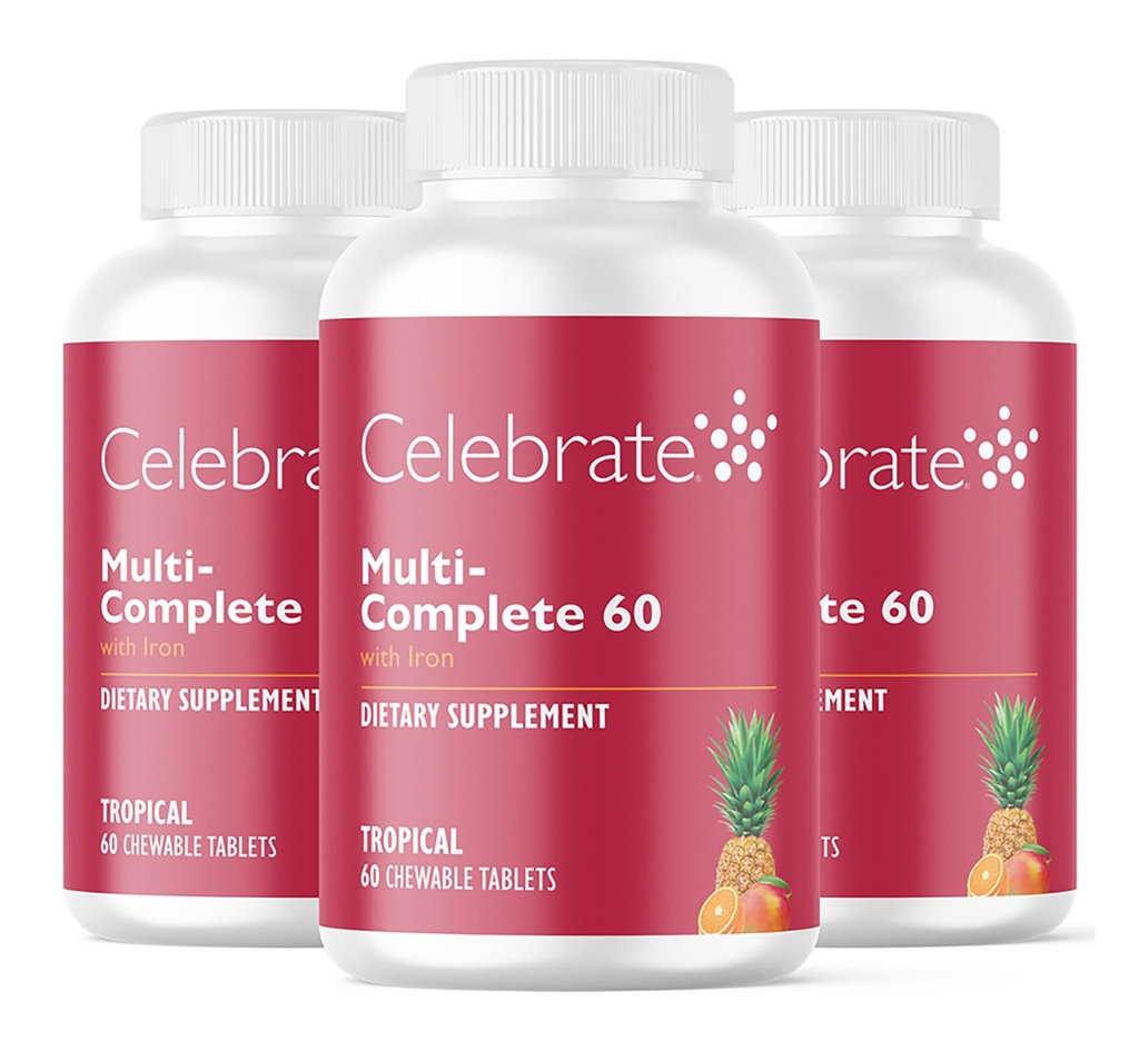 Celebrate Vitamins Multi-Complete Chewables, 60mg Iron – Daily Bariatric Multivitamin for Sleeve Gastrectomy & Gastric Bypass Surgery Patients – Essential Vitamins & Minerals - Tropical (180 Tablets)