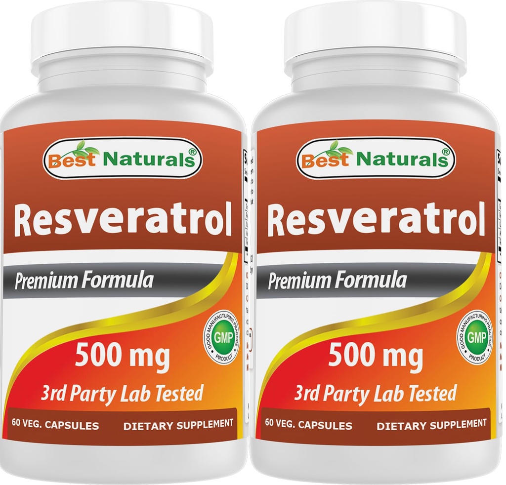 Best Naturals 2 Packs Resveratrol Complex 500 mg 60 Veg Capsules Made with Grape Skin, Red Wine, Quercetin - Gluten Free & Non GMO - (Total 120 Capsules)