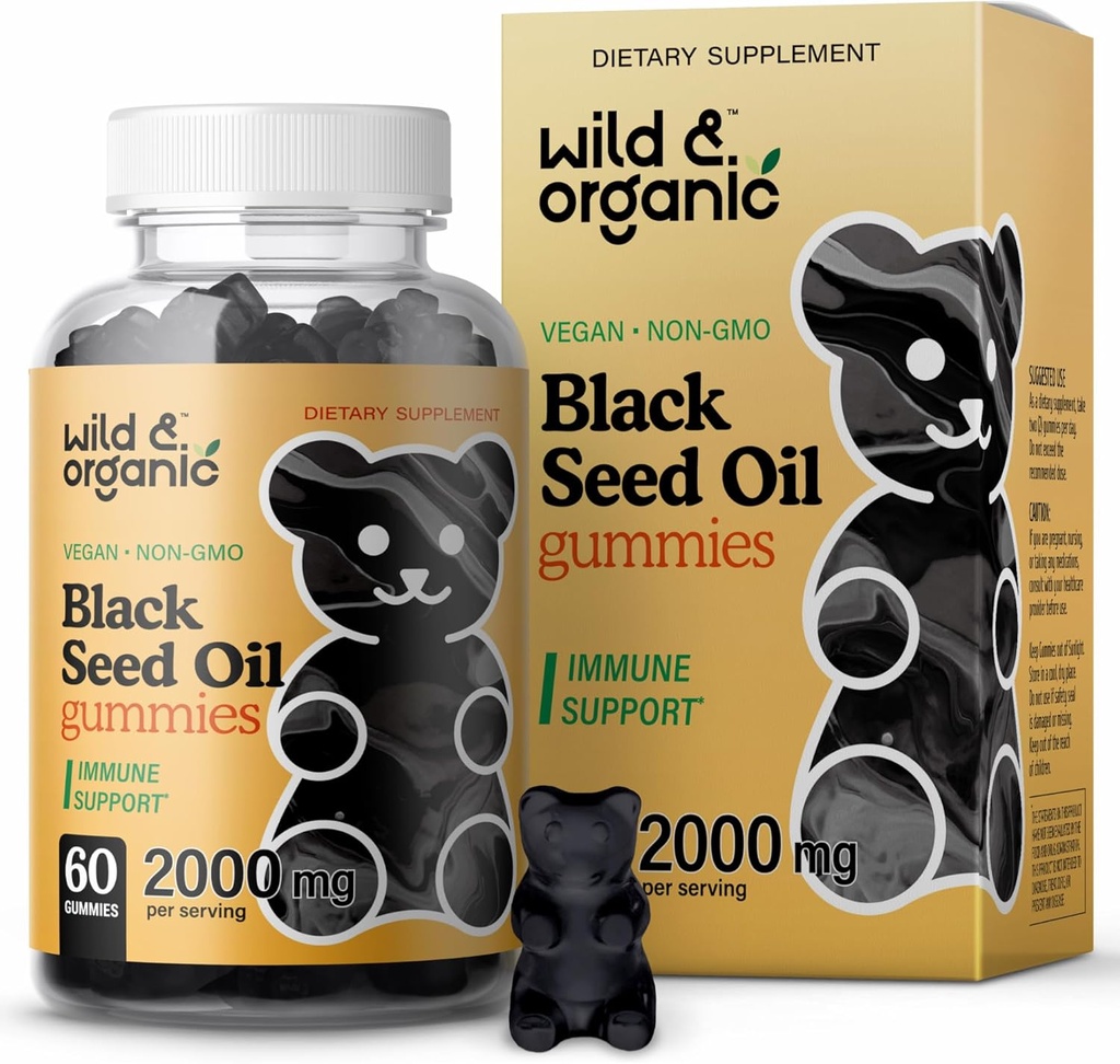 Selvagem & Orgânica Black Seed Oil Gummies 2000mg - Pele de cabelo e unhas Suporte w / Óleo de Cuma - Nigella Sativa - Black Seed Gummies para Imunidade - 60 Omega 3 6 9 Mastigações