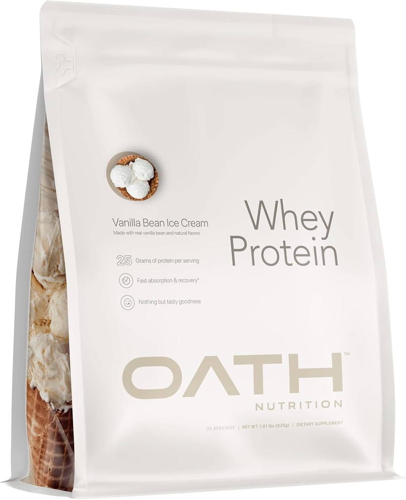 OATH NUTRITION Whey Protein Powder, Vanilla Bean Ice Cream, 25 Gramm Protein und nur 1 Gramm Zucker pro Servierung, 2 lbs, 25 Portionen