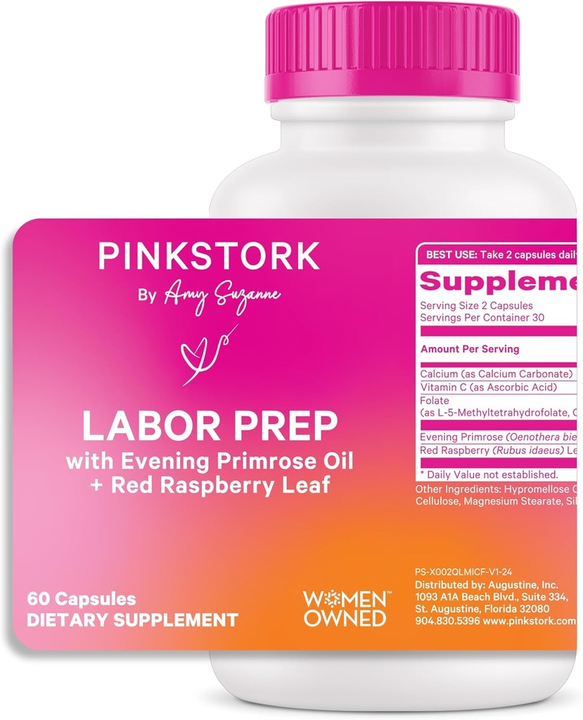 Pink Stork Labor Prep Supplement – Evening Primrose Oil & Red Raspberry Leaf para o terceiro Trimester, Gentil Labor & Apoio Postparto, Gravidez & Amamentação Seguro, 60 Cápsulas Vegan