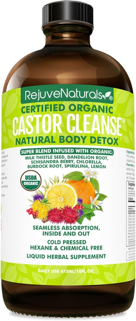 RejuveNaturals Castor CleanseTM - USDA Organiskā rīcineļļa, hlorella, spirulīna, saknes un zaļumi labsajūtai, gremošanas atbalsts, dienas līdzsvars. 3 mēnešu piegādes Gut Cleanse Detox sievietēm un vīriešiem - 16oz.