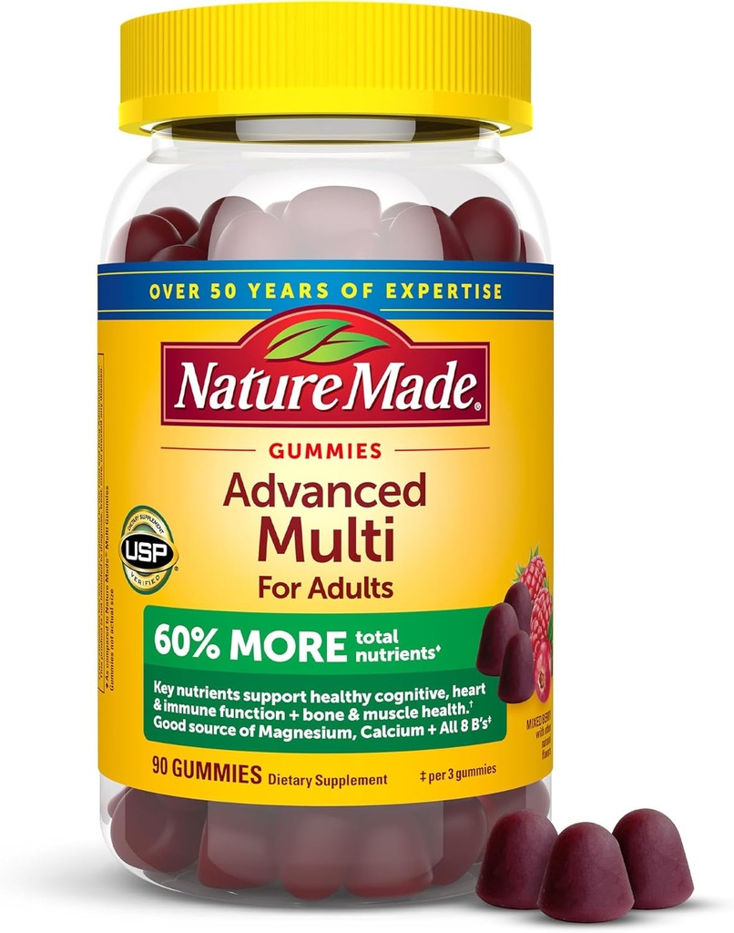 Nature Made Advanced Multivitamin Gummies for Adults, Women's and Men's Multivitamin Gummies with Magnesium Citrate, 칼슘 및 B 비타민, 일일 지원, 90 Gummies, 30 일 공급