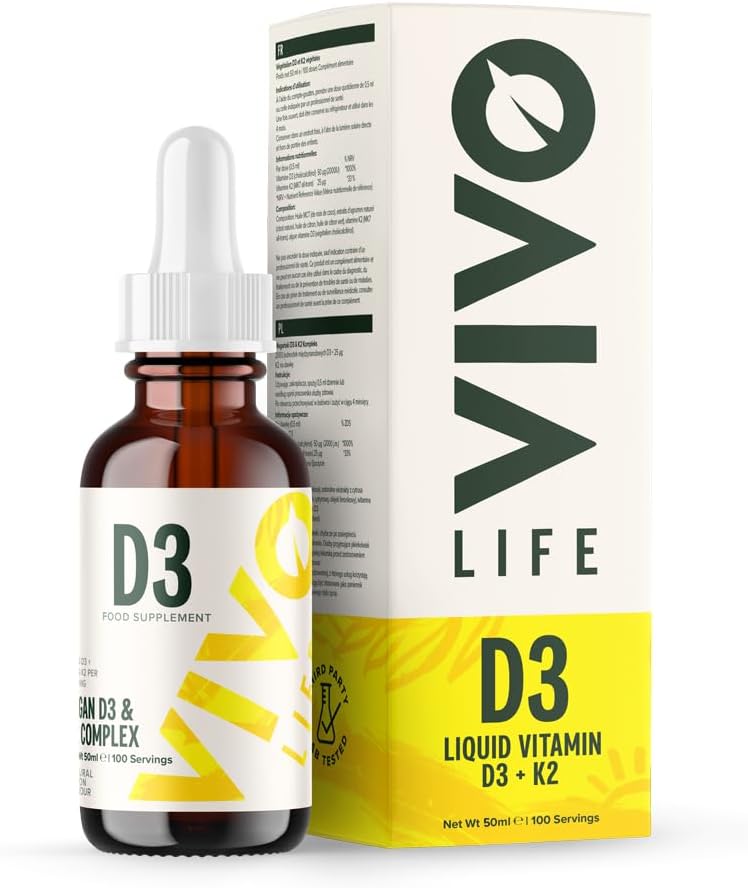 Vivo Life - Vitamina D3 K2, 50ml lichid complex picături, 2000iu de D3, Vegan Health Supplement pentru bărbaţi şi femei, 100 serviri