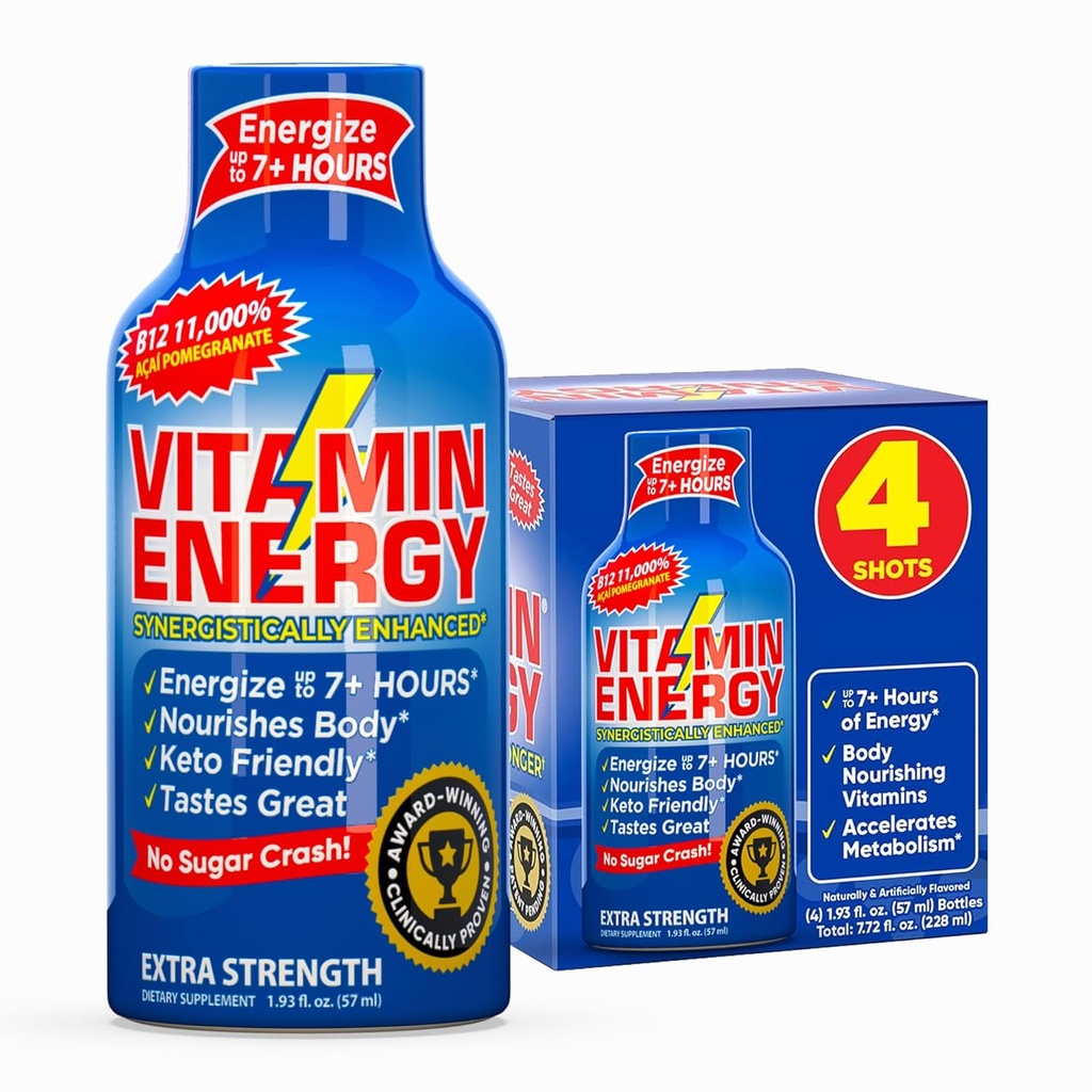 Vitamin Energy B12 11,000% Extra Strength Energy Shot Açaí Pomegranate 4 Pack, 260mg Natural Caffeine, B12 & B6, Nootropic Focus, Vitality, Zero Sugar, Gluten-Free, Vegan, Kosher, 1.93 fl oz
