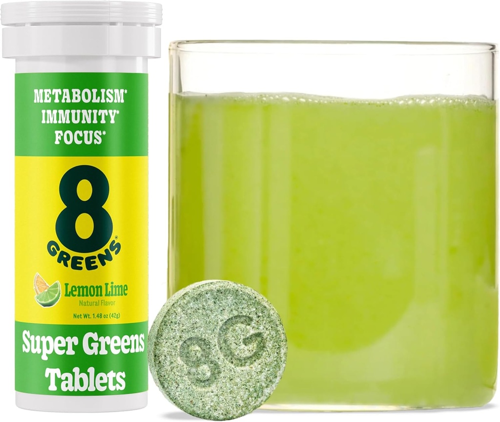 8Greens Supergreens Tablets  Super Super Greens Powder Superfood Tablet, Metabolism Immunity & Focus, Daily Greens Effervescent Tablets, Organic: Aloe Vera, Spirulina, Chlorella, Lemon Lime, 10 Servings