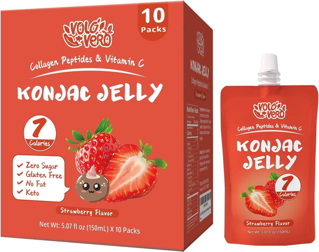Konjac Jelly Pouch Flavor de Fresa Bebible, 7 Calories, Gluten Free, Zero Sugar, Keto, Collagen Peptides y Vitamina C, Low Fat Healthy Fruit Snacks, Regalos de vacaciones, 10 Packs