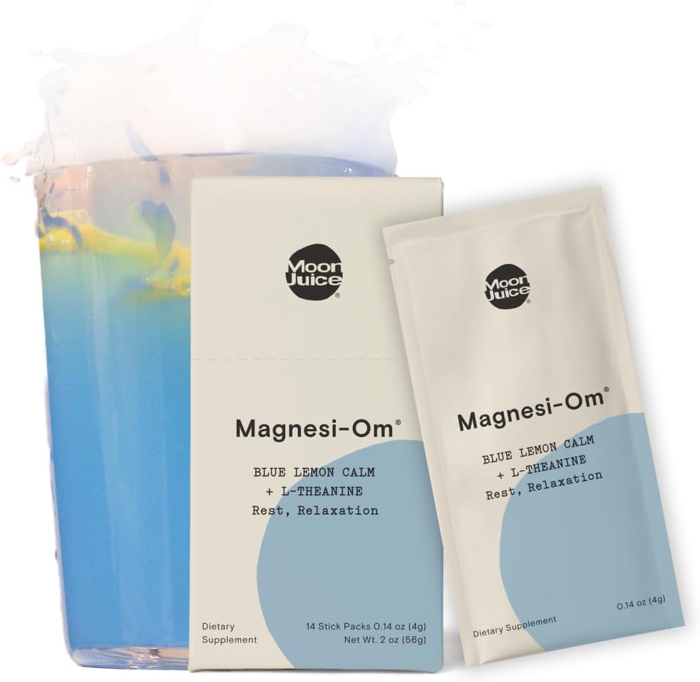 Moon Juice - Magnesi- Om, Blue Lemon - Sticks (18 szerva) - Support Brain Health, Rest - Magnézium Powder - L- Theanine - Regularity - Compostable - 100% Traceable - Vegan, Non GMO - 0,14oz