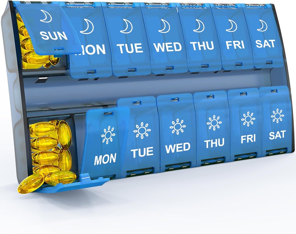 XL Large Weekly Pill Organizer 2 Times A Day, Hinged Lids Daily Vitamin Pill Box Holder Am Pm, Big Pill Container 7 Day, Medication Organizer Twice a Day, Medicine Organizer for Supplement