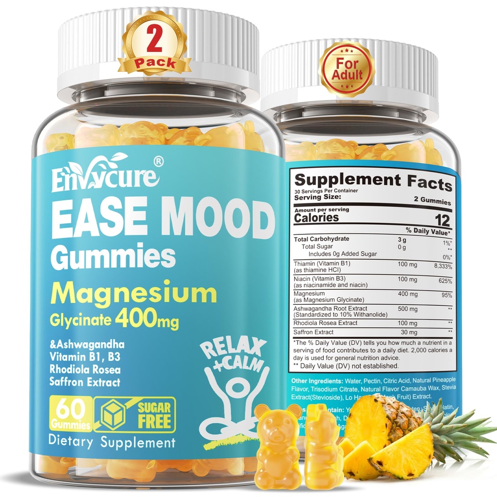 Sugar Free Magnesium Glycinate Gummies 400mg with Ashwagandha, B1, B3, Rhodiola Rosea & Saffron for Support Rest, Mood & Calm Magnesium Gummies for Adults, Chewable Magnesium Supplement, Vegan, 120Ct