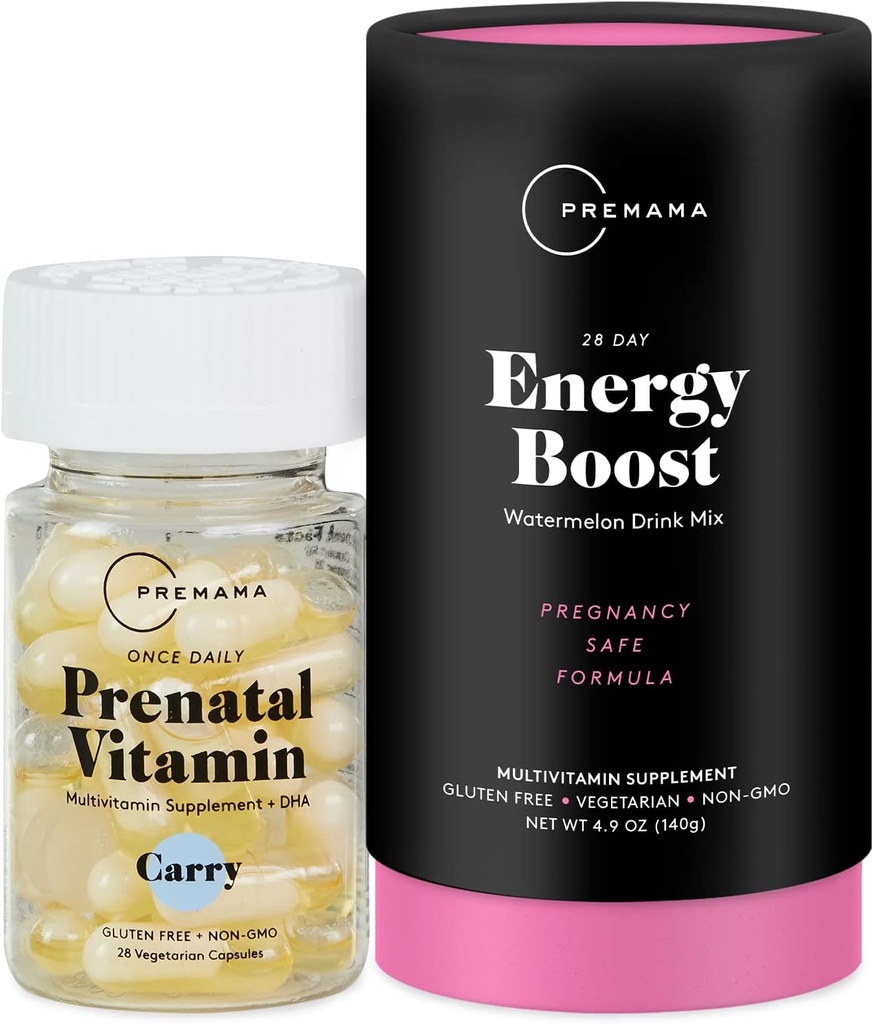 Premamama Prenatal Vitamin Enerji Boost İçki Mix & Prenatal Support Paket, Omega 3, B Vitamins, DHA, Folate, 28 Xidmət