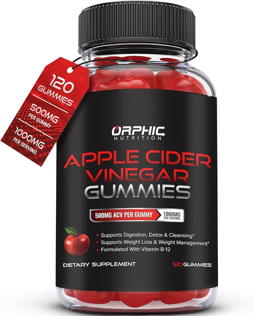 ORPHIC NUTRITION Apple Cider Act Gummies - 1000mg - ACV Weight Loss Gummies - Digestion, Detox & Cleansing - VIT B12, Beetroot - Gomitas de Vinagre de Manzana (120 vnt.)