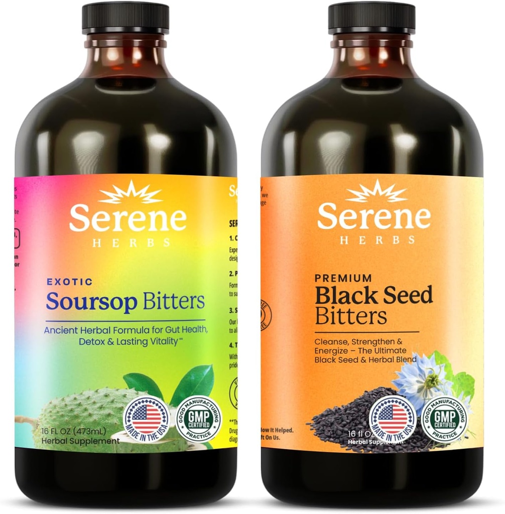 Serene Herbs Soursop Bitters Liquid & Black Seed Bundle – Organic Herbal Guanabana for Digestive Support & Immune Health – Vegan, Non-GMO – 32 oz (16 oz Each), 64 Servers