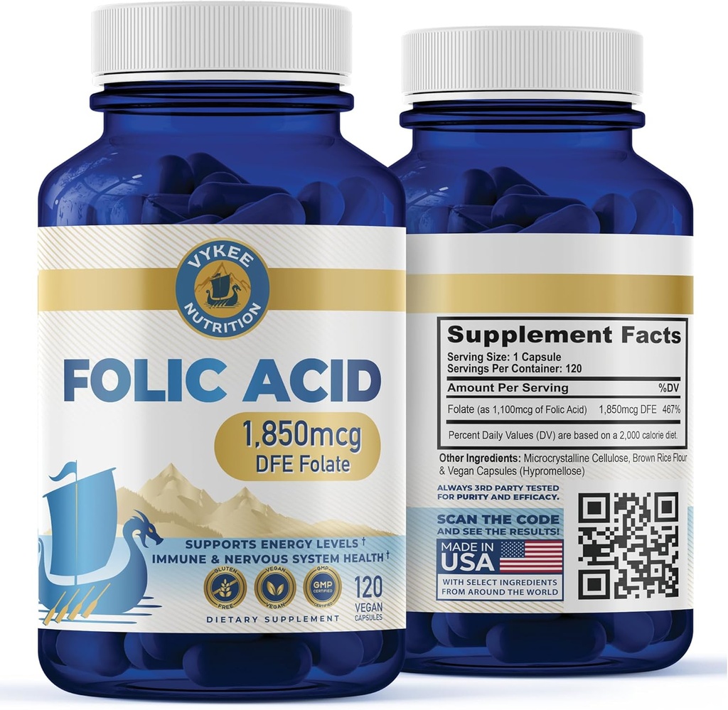 Suplemento de ácido fólico - vitamina B9 1.870mg DFE Folate, 1.100mg ácido fólico | Vegan, non-GMO | soporta saúde celular, produción de enerxía e benestar prenatal | 120 cápsulas