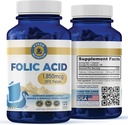 Suplemento de ácido fólico – Vitamina B9 de alta potência 1,870mg Folato de DFE, 1,100mg Ácido fólico Vegan, Não-GMO - Suporta Saúde Celular, Produção de Energia e Bem-Estar Pré-Natal