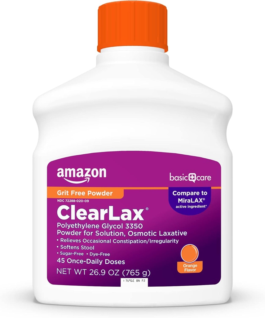   Basic Care ClearLax, Laxative Powder for Gentle Constipation Relief, Softens Stool, Polyethylene Glycol 3350, Orange Flavor, 1.68 pound (Pack of 1)