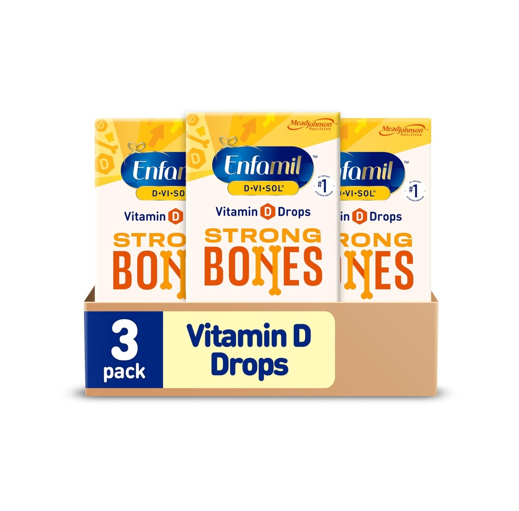 Enfamil Baby Vitamin D-Vi-Sol Vitamin D Liquid Supplement Drops for Infants, Supporting Strong Teeth & Bones in Newborn Babies, Easy-to-Use, Gluten-Free, 50 mL Dropper Bottle, Pack of 3