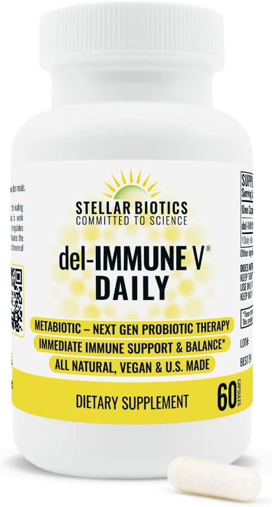 Del-Immune V Daily by Stellar Biotics, All-Natural Immune Support & Gut Health, Takojšnja nega, metabiotik: NextGen Probiotic Therapy (60 Caps)