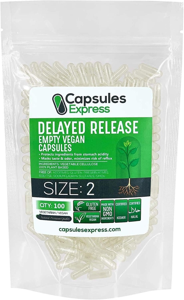 XPRS Nutra Delayed Release Size 2 Empty Capsules - 100 Count Clear Empty Vegan Capsules - Vegetarian Pills - DIY Vegetable Capsule Filling - Fillable Veggie Gel Caps for Do-It-Yourself Supplements