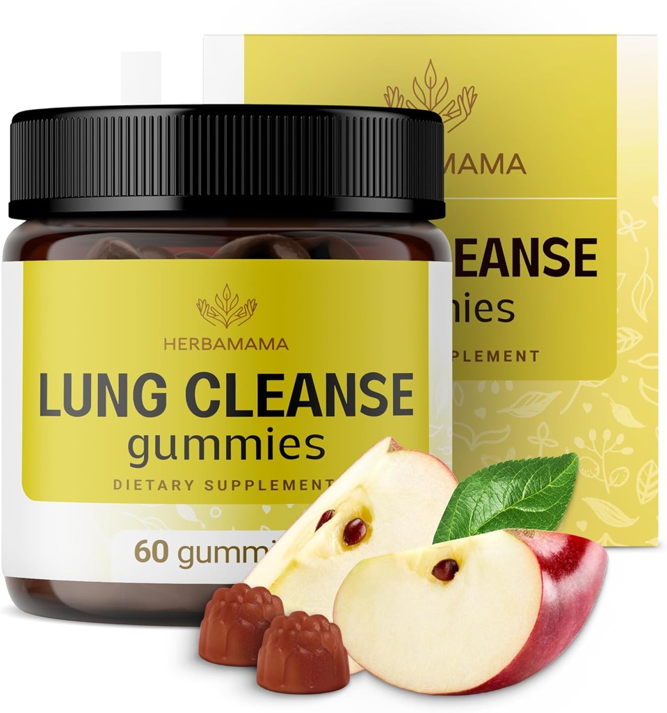 HERBAMAMA Lung Detox Gummies - Herbal Complex with Mushroom Blend for Lung Cleanse - Vegan, Non-GMO Respiratory Support Supplement - 60 Pectin-Based Apple-Flavored Chews