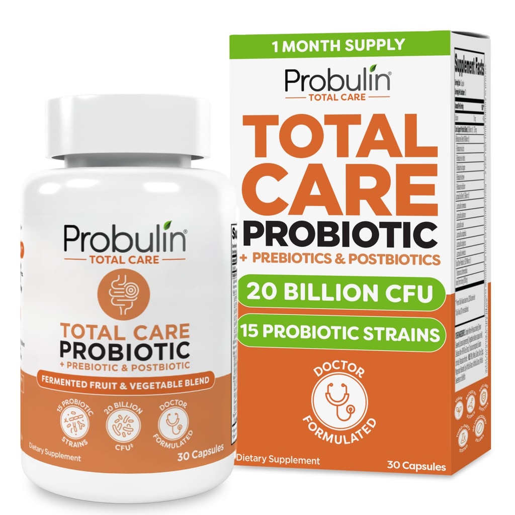 Probulin Total Care Probiotic Supplement, Daily Gut, Digestive, and Immune Health Probiotics Capsules for Men and Women, 20 Billion CFU, Vegan, 30 Count Bottle