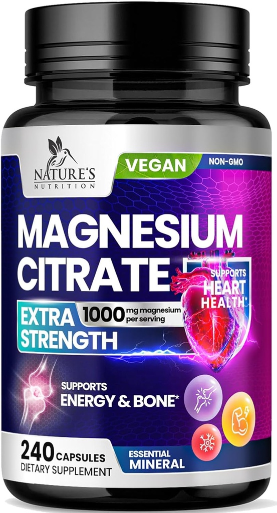 Magnezu Citrate Supplement Pills 1000mg - 3X Siła Magnezu Suplementy dla Kości, Mięśnie, Serce, Nature 's Sleep Support dla mężczyzn i kobiet, Wegan Mag Mineral, Non-GMO, Butelki w USA, 240 Kapsułki
