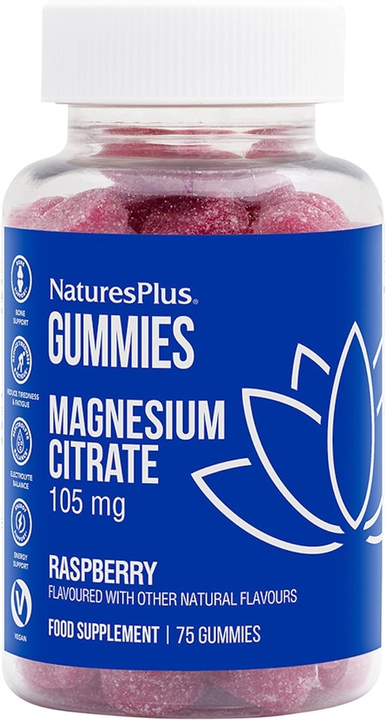 NaturesPlus Gummies Magnesium Citrate - 75 Gummies, Raspberry - помогает успокоить разум и тело, поддерживает плотность костей - вегетарианская, без глютена, не-ГМО - 25 сервий