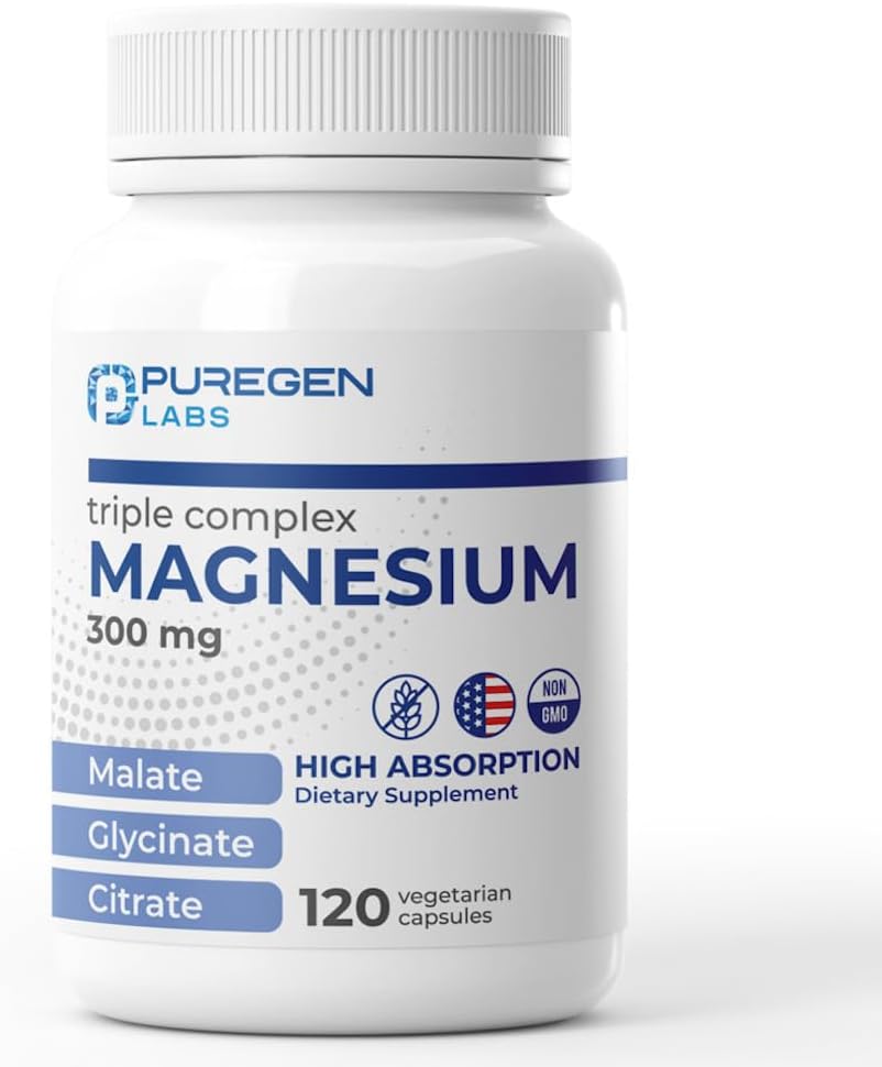Pureen Labs Triple Magnesium Complex 300mg Magnesium Glycinate, Malate, & Citraat [High Absorptie] 120 Veg Capsules 