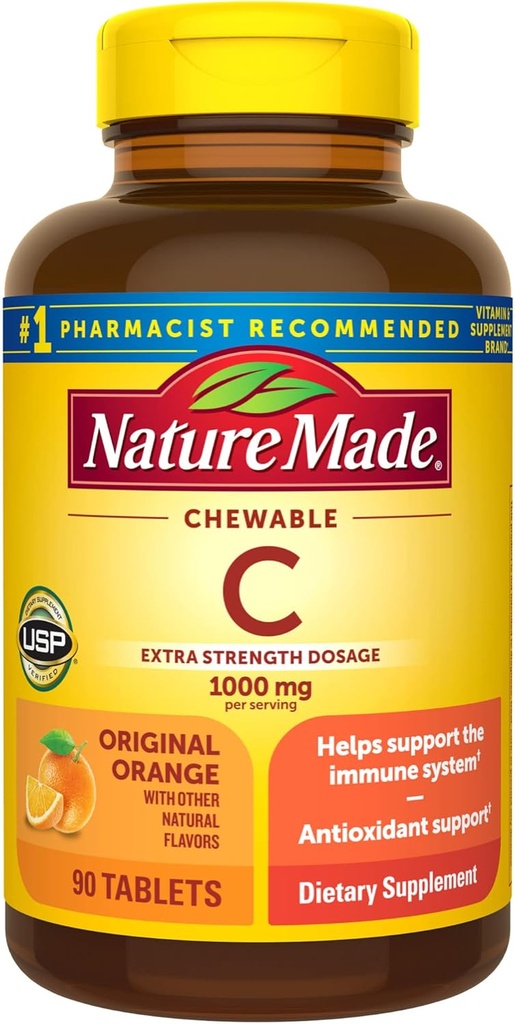 Nature Made Extra Strength Dosering Kauwbare vitamine C 1000 mg per portie, Dieetsupplement voor Immune Support, 90 tabletten, 45 dagen levering