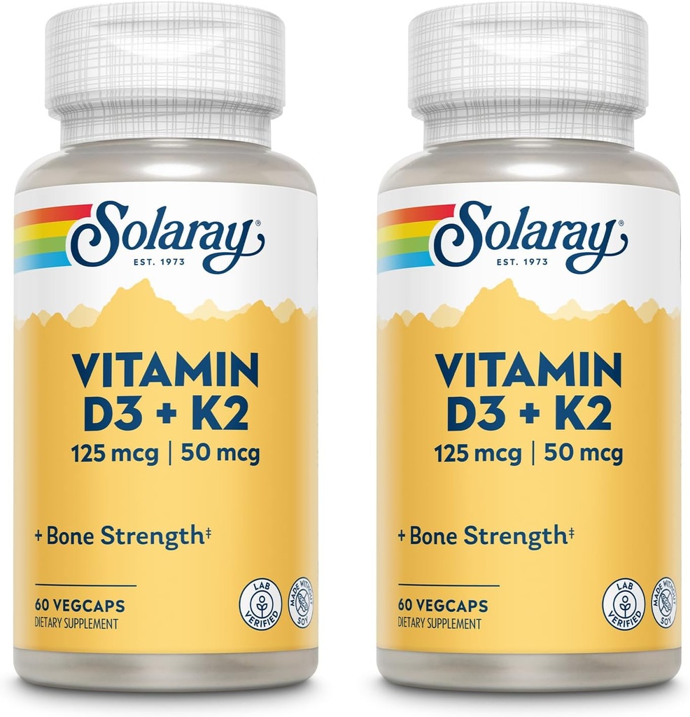 SOLARAY D3 vitamīns + K2, D & K Vitamīni kalcija absorbcijai un veselīgai sirds un asinsvadu sistēmai un arterijām, ne-GMO un bez sojas