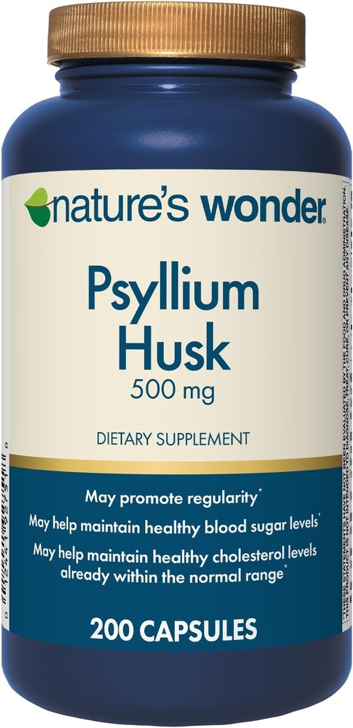 Natureza Maravilha Psyllium Husk 500 mg Cápsulas para Saúde Digestiva, Fibra Baseada em Plantas, 200 Contagem