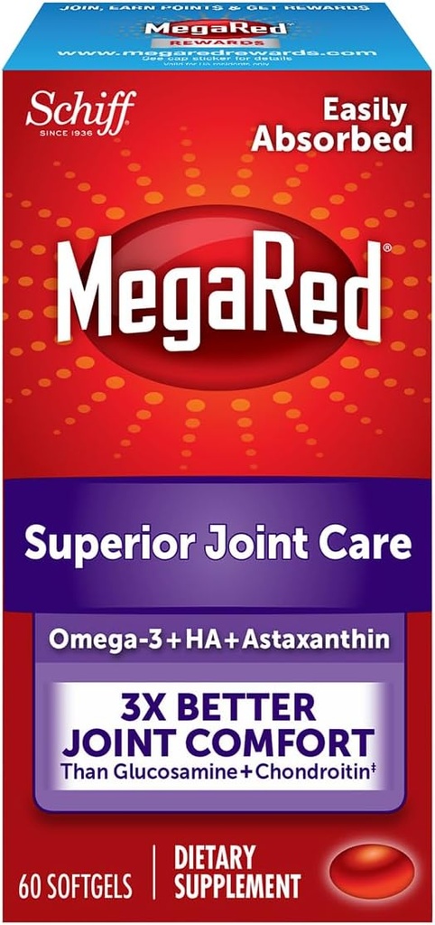 Omega-3 Krill Oil and Joint Supplement - Megared Joint Care 60 softgel - EPA / DHA fedtsyrer, Antioxidanter, Hyaluronsyre, Ingen fiskebøvs eftersmag som med Fish Oil