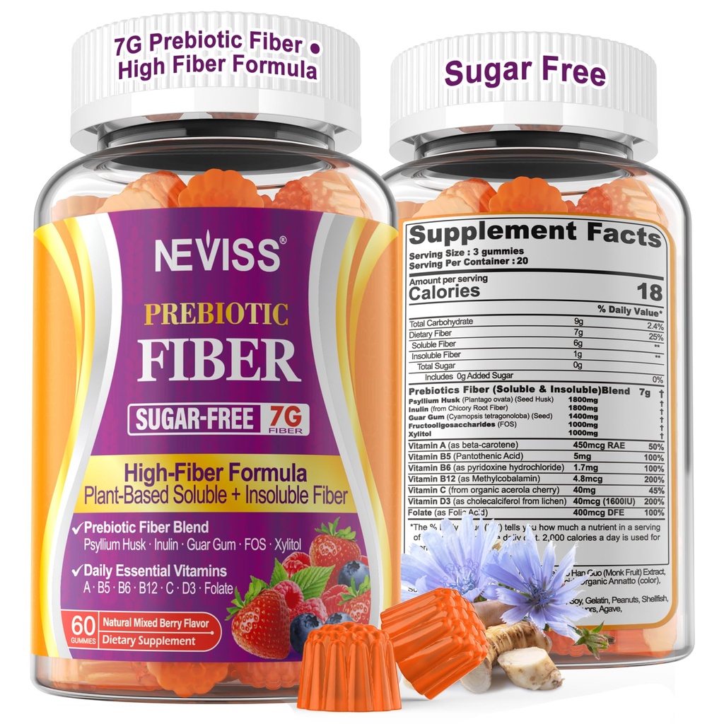 1Pack Fiber Gummies for Adults with Psyllium Husk, 7G(Soluble + Insoluble) Daily Prebiotic Fiber with Inulin, FOS, Guar Gum, Multivitamins for Daily Digestive Health, Regularity Gut Support,Sugar Free