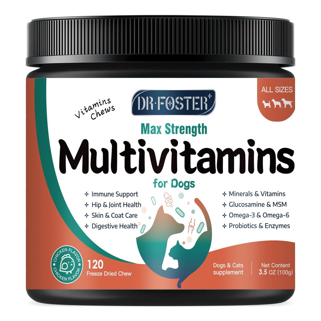 DRFOSTER Dog Multivitamin with Glucosamine, Chicken Flavor, 120 Chews | With Omega 3, Minerals, Probiotics, and Enzymes for Joint, Skin, Coat, Digestive, and Immune Health in Dogs