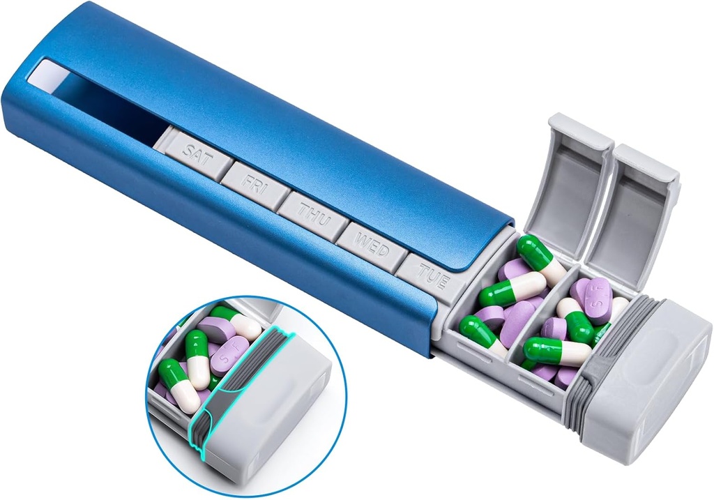 Bộ quản lý du lịch kim loại Daviky metal Pill, Thợ chế tạo dược phẩm Alminum Box 7 ngày, vụ án tuần nhật nhật nhật nhật báo, Smish&Cute Pill Holder cho các loại thuốc, bổ sung và vitamin (Blue+Gray)